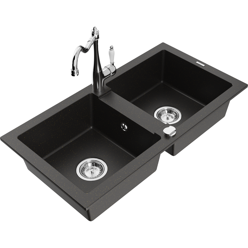 Mexen Mario 2-bowl granite kitchen sink with Carla kitchen tap, black/gold metallic - 6504-75-670700-00