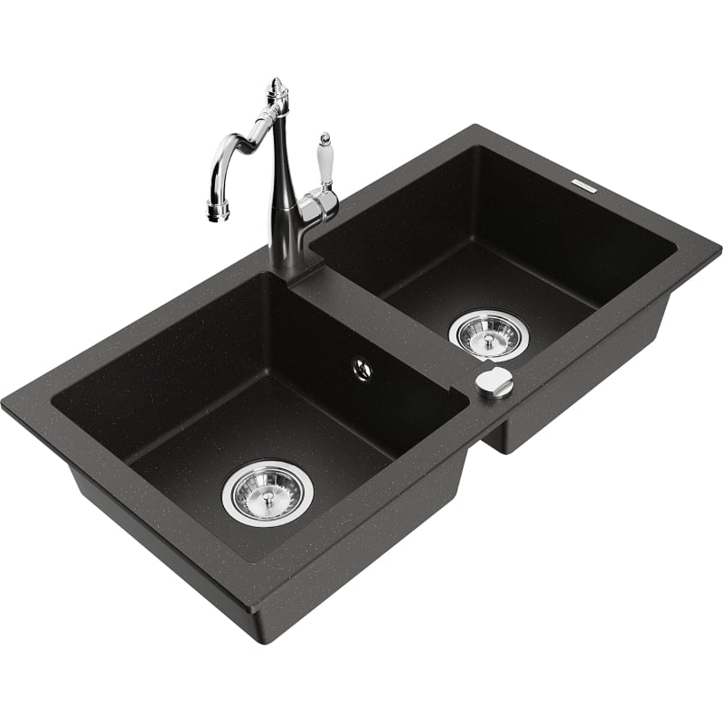 Mexen Mario 2-bowl granite sink with kitchen faucet Carla, black/gold metallic - 6504-75-670700-00