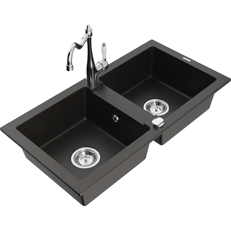Mexen Mario fregadero de granito de 2 senos con grifo de cocina Carla, negro/dorado metálico - 6504-75-670700-00