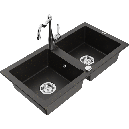 Mexen Mario 2-bowl granite sink with kitchen faucet Carla, black/gold metallic - 6504-75-670700-00