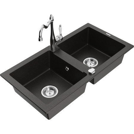 Mexen Mario fregadero de granito de 2 senos con grifo de cocina Carla, negro/oro metálico - 6504-75-670700-00