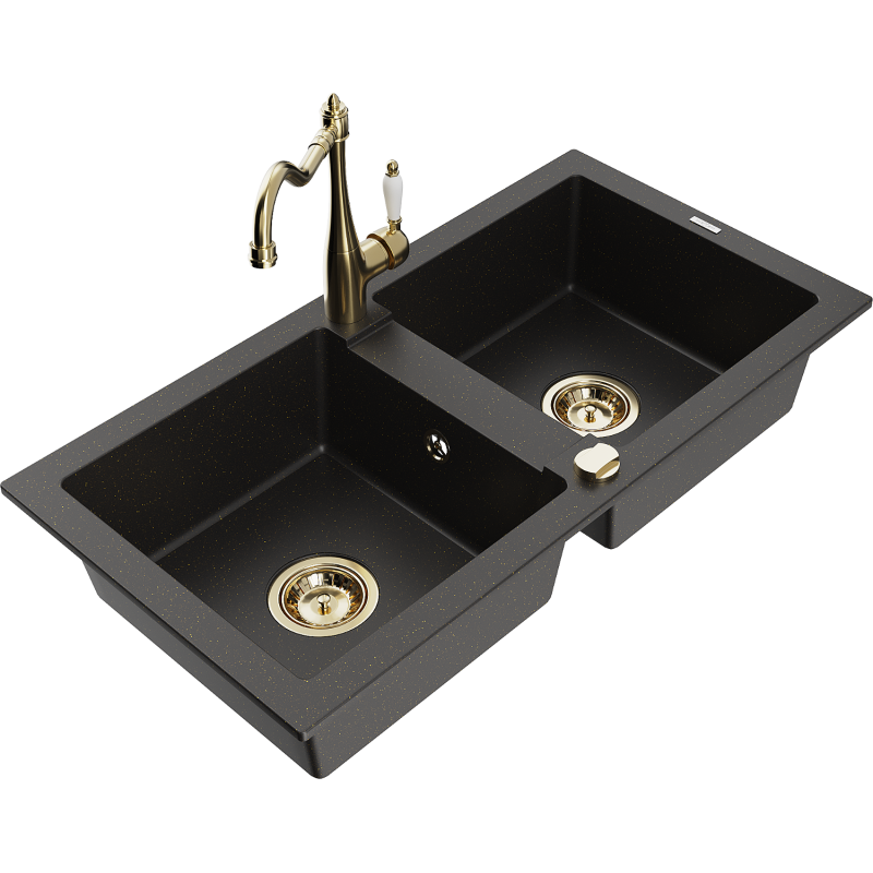 Mexen Mario évier en granit à 2 bacs avec robinet de cuisine Carla, noir/doré métallisé - 6504-75-670700-50