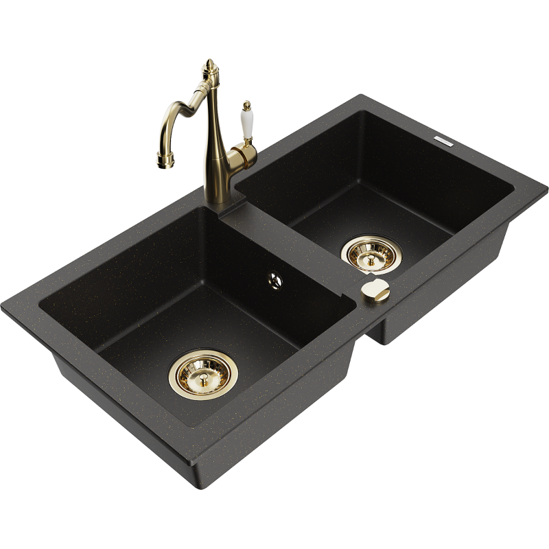 Mexen Mario lavello in granito a 2 vasche con miscelatore da cucina Carla, nero/oro metallizzato - 6504-75-670700-50