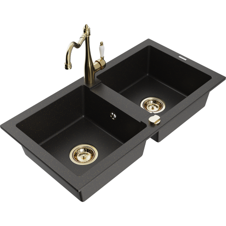 Mexen Mario Granitspüle 2-Kammer mit Küchenarmatur Carla, schwarz/gold metallisch - 6504-75-670700-50