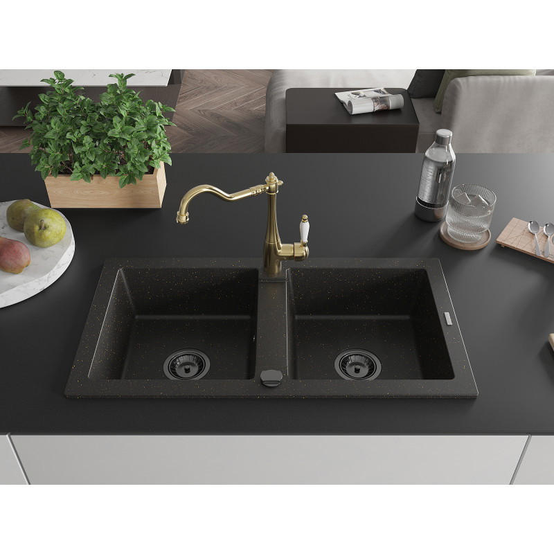 Mexen Mario granieten gootsteen met 2 kommen en keukenmengkraan Carla, zwart/goud metallic - 6504-75-670700-50-B