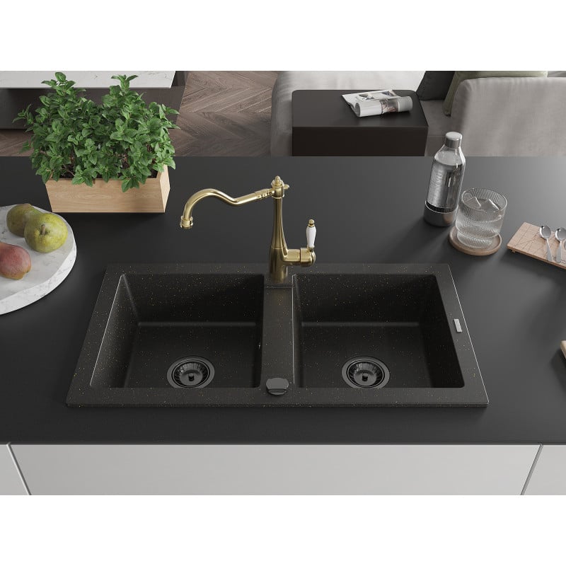 Mexen Mario lavello in granito a 2 vasche con miscelatore cucina Carla, nero/oro metallico - 6504-75-670700-50-B