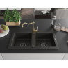 Mexen Mario granieten gootsteen met 2 kommen en keukenmengkraan Carla, zwart/goud metallic - 6504-75-670700-50-B