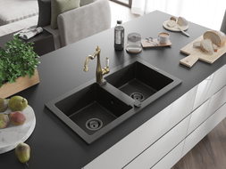 Mexen Mario granite double-bowl sink with Carla kitchen faucet, black/gold metallic - 6504-75-670700-50-B