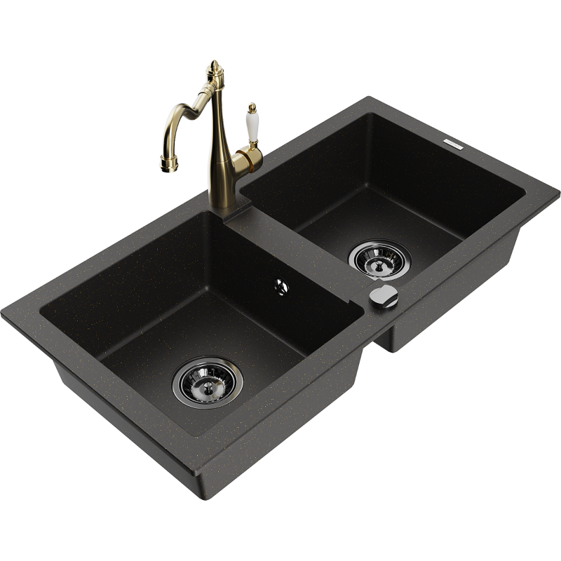 Mexen Mario 2-osainen graniittiallas keittiöhanalla Carla, musta/kullanvärinen metalli - 6504-75-670700-50-B