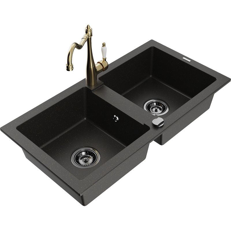 Mexen Mario fregadero de granito de 2 cámaras con grifo de cocina Carla, negro/dorado metálico - 6504-75-670700-50-B
