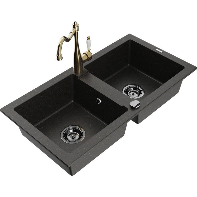Mexen Mario fregadero de granito de 2 senos con grifo de cocina Carla, negro/metalizado dorado - 6504-75-670700-50-B