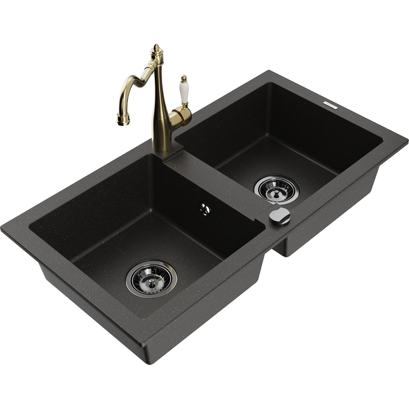 Mexen Mario lavello in granito a 2 vasche con miscelatore cucina Carla, nero/oro metallico - 6504-75-670700-50-B