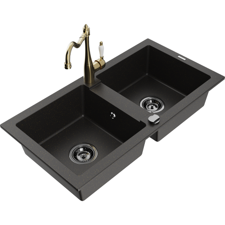 Mexen Mario lavello in granito a 2 vasche con miscelatore cucina Carla, nero/oro metallico - 6504-75-670700-50-B