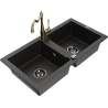 Mexen Mario fregadero de granito de 2 cámaras con grifo de cocina Carla, negro/dorado metálico - 6504-75-670700-50-B