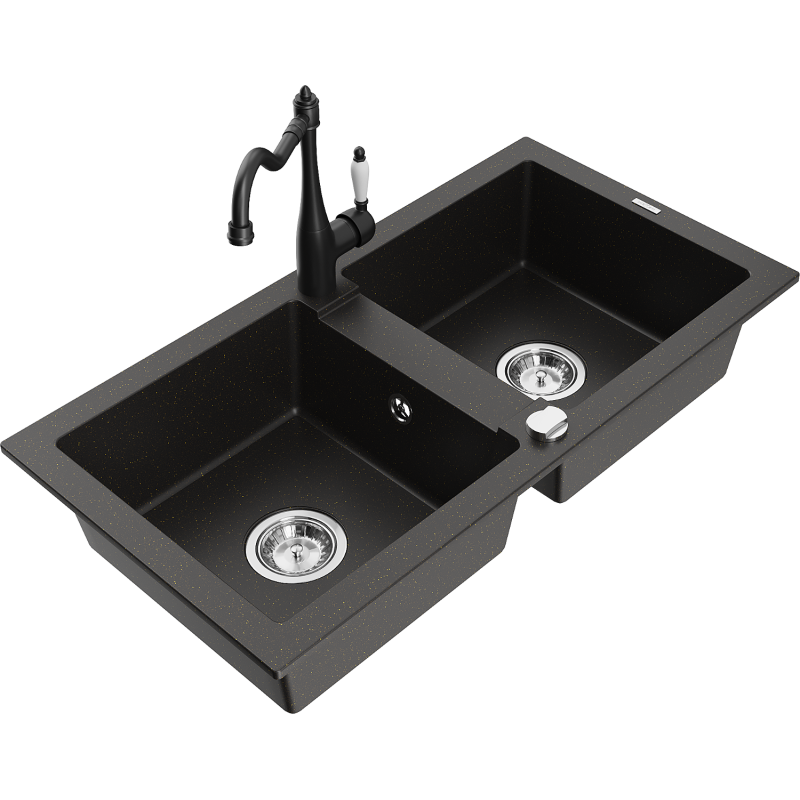 Mexen Mario 2-bowl granite sink with Carla kitchen tap, black/gold metallic - 6504-75-670700-70