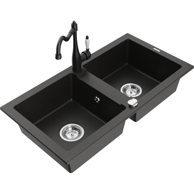 Mexen Mario granitieke gootsteen met 2 kamers en keukenmengkraan Carla, zwart/goud metallic - 6504-75-670700-70