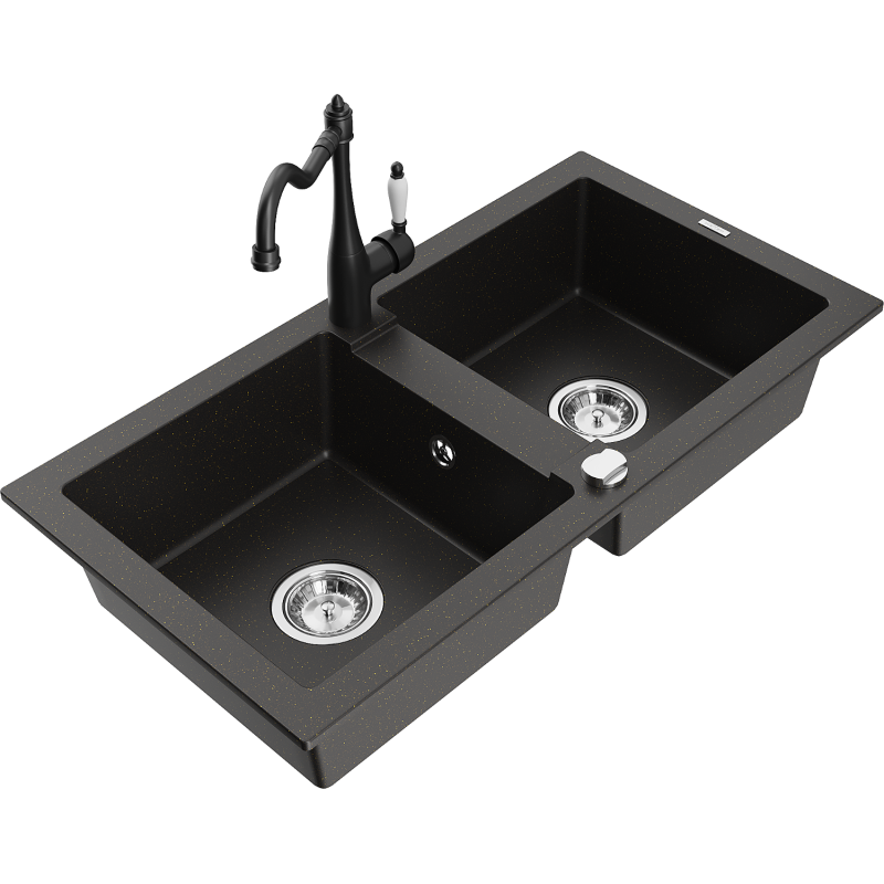 Mexen Mario lava-loiça de granito com 2 cubas e torneira de cozinha Carla, preto/ouro metálico - 6504-75-670700-70