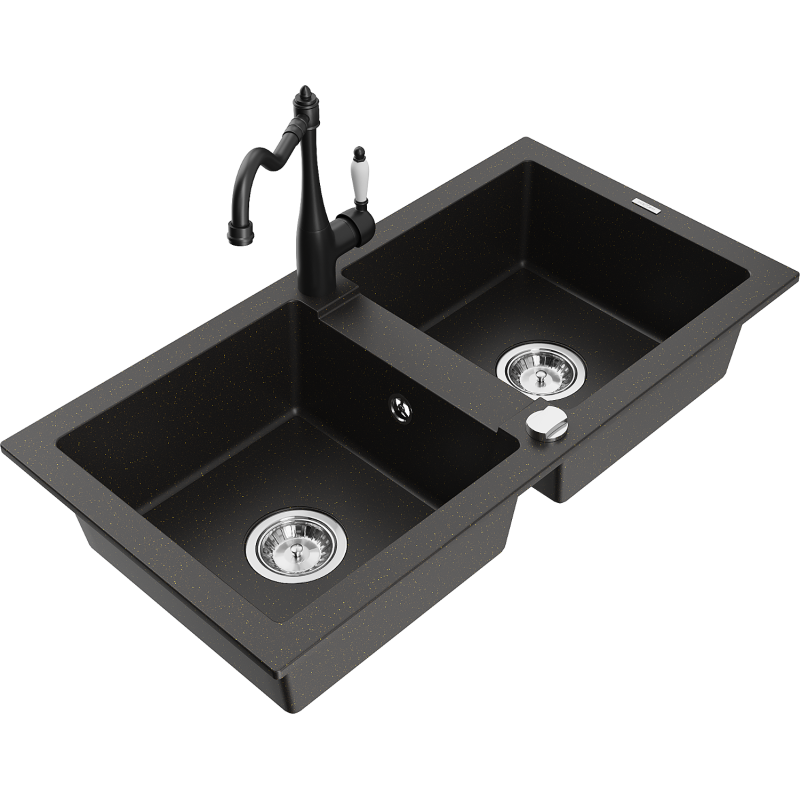 Mexen Mario lavello da cucina in granito a 2 vasche con rubinetto da cucina Carla, nero/oro metallizzato - 6504-75-670700-70