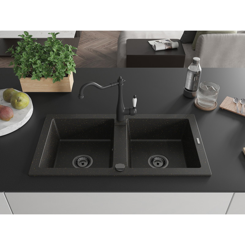 Mexen Mario granitische spoelbak 2-compartimenten met keukenkraan Carla, zwart/goud metallic - 6504-75-670700-70-B