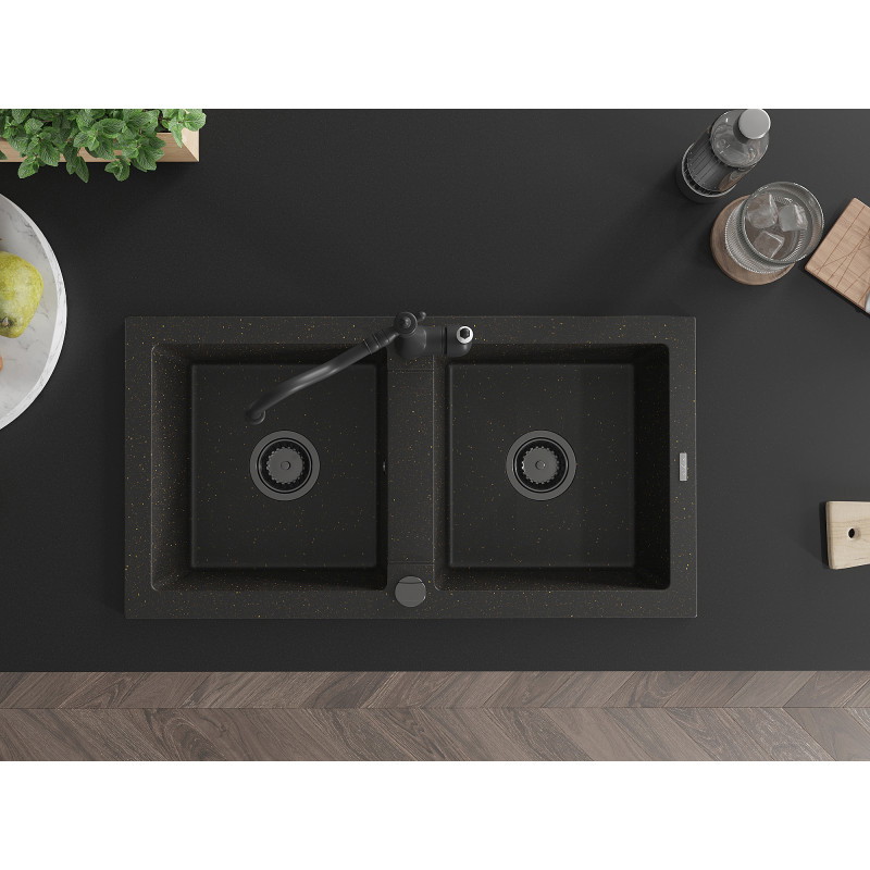 Mexen Mario granitische spoelbak 2-compartimenten met keukenkraan Carla, zwart/goud metallic - 6504-75-670700-70-B
