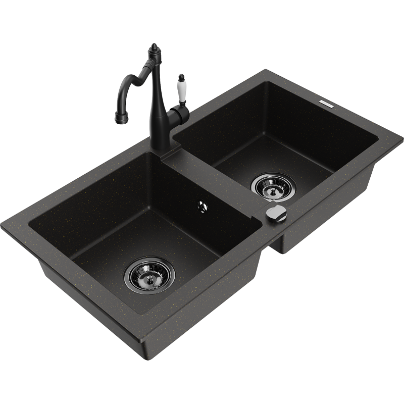 Mexen Mario évier de cuisine en granit à 2 bacs avec robinet de cuisine Carla, noir/or métallique - 6504-75-670700-70-B