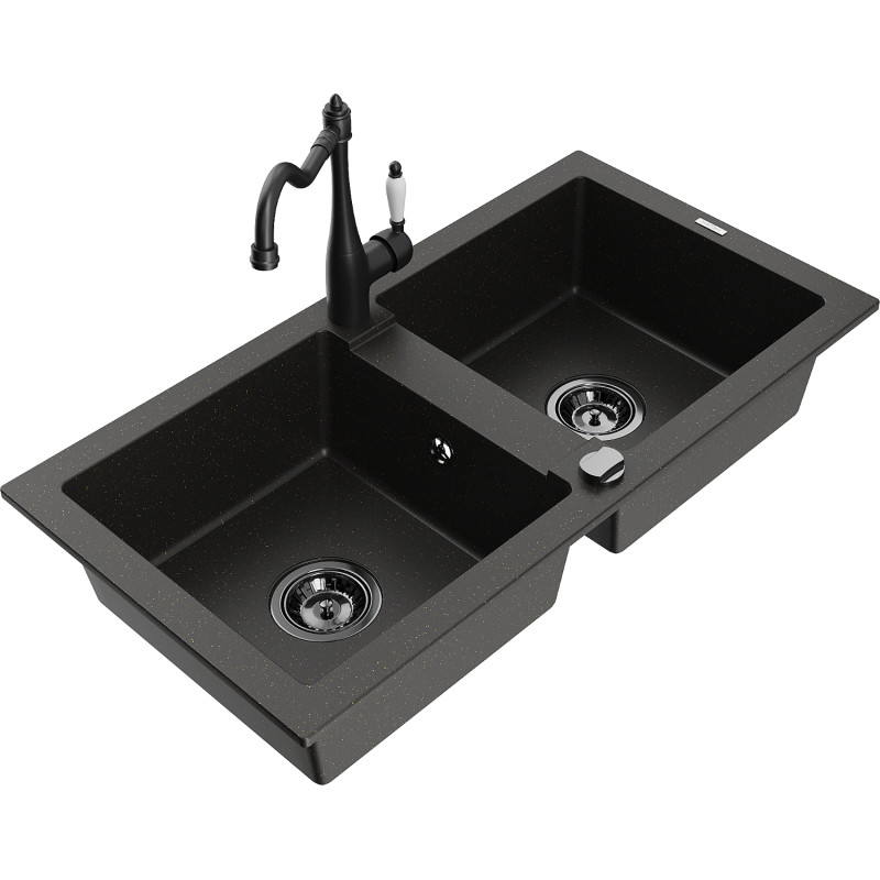 Mexen Mario fregadero de granito de 2 compartimentos con grifo de cocina Carla, negro/metalizado dorado - 6504-75-670700-70-B
