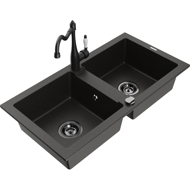 Mexen Mario Granite Double-Bowl Kitchen Sink with Carla Faucet, Black/Gold Metallic - 6504-75-670700-70-B