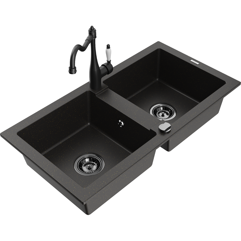 Mexen Mario granite kitchen sink with 2 bowls and Carla kitchen tap, black/gold metallic - 6504-75-670700-70-B