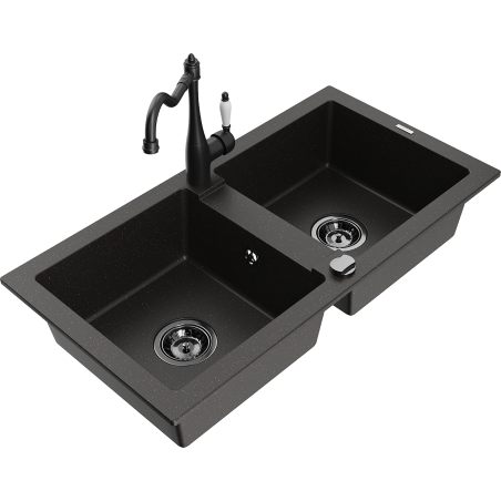 Mexen Mario granitische spoelbak 2-compartimenten met keukenkraan Carla, zwart/goud metallic - 6504-75-670700-70-B