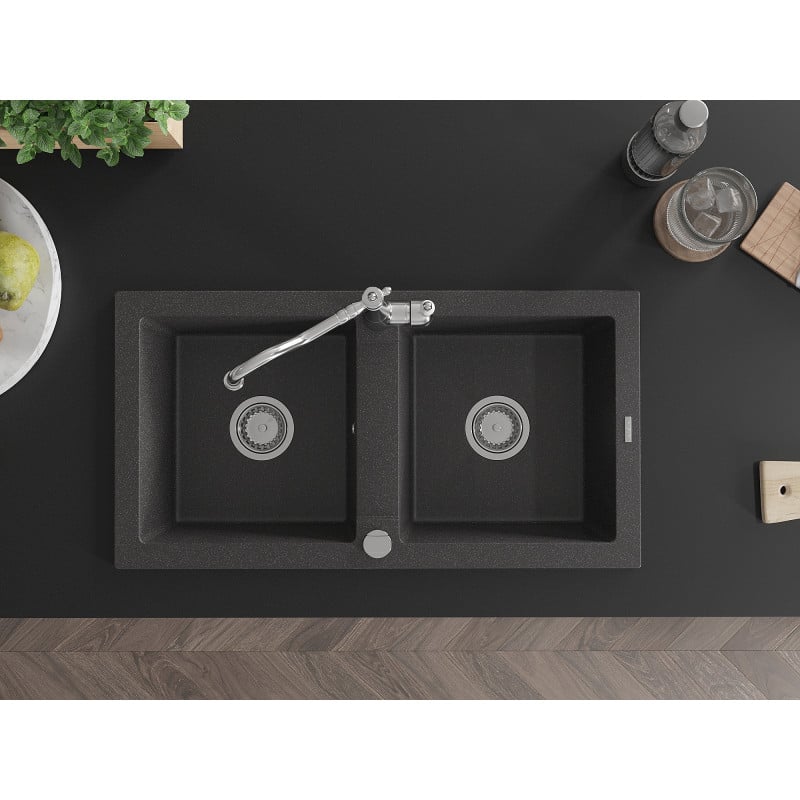 Mexen Mario fregadero de granito de 2 senos con grifo de cocina Carla, negro moteado - 6504-76-670700-00