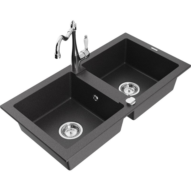 Mexen Mario fregadero de granito de 2 senos con grifo de cocina Carla, negro moteado - 6504-76-670700-00