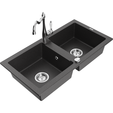 Mexen Mario Granite Sink 2-Chamber with Carla Kitchen Tap, Black Speckled - 6504-76-670700-00