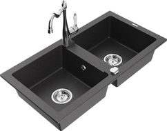 Mexen Mario Granite Sink 2-Chamber with Carla Kitchen Tap, Black Speckled - 6504-76-670700-00