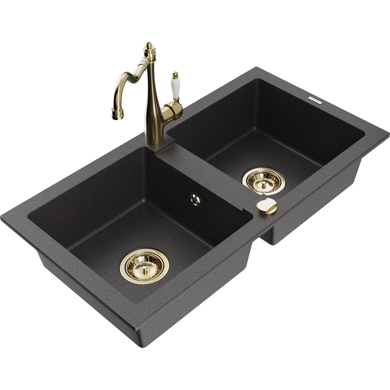 Mexen Mario fregadero de granito de 2 senos con grifo de cocina Carla, negro moteado - 6504-76-670700-50