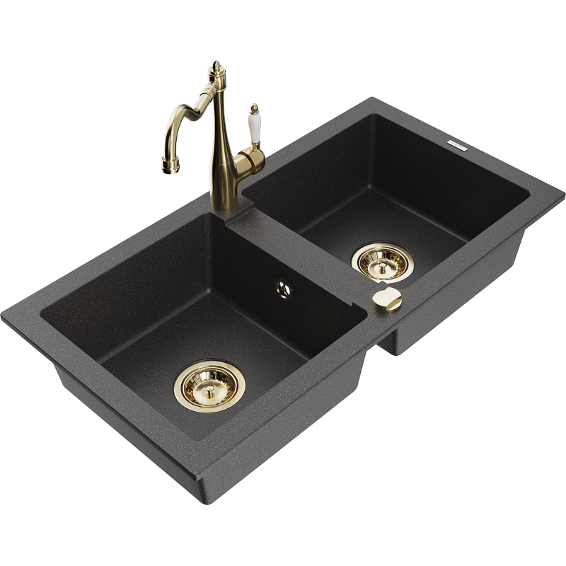 Mexen Mario fregadero de granito de 2 tazones con grifo de cocina Carla, negro moteado - 6504-76-670700-50