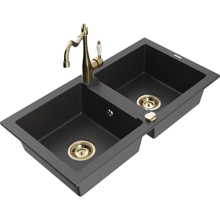 Mexen Mario fregadero de granito de 2 senos con grifo de cocina Carla, negro moteado - 6504-76-670700-50