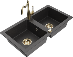 Mexen Mario granite 2-bowl kitchen sink with kitchen faucet Carla, black speckled - 6504-76-670700-50