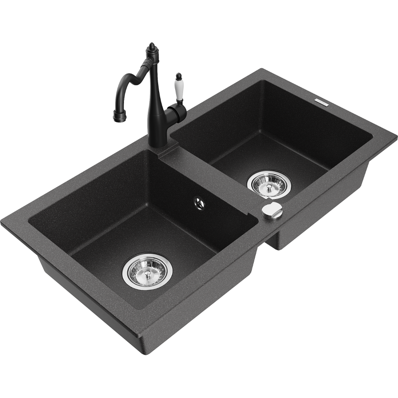 Mexen Mario fregadero de granito de 2 cubetas con grifo de cocina Carla, negro moteado - 6504-76-670700-70
