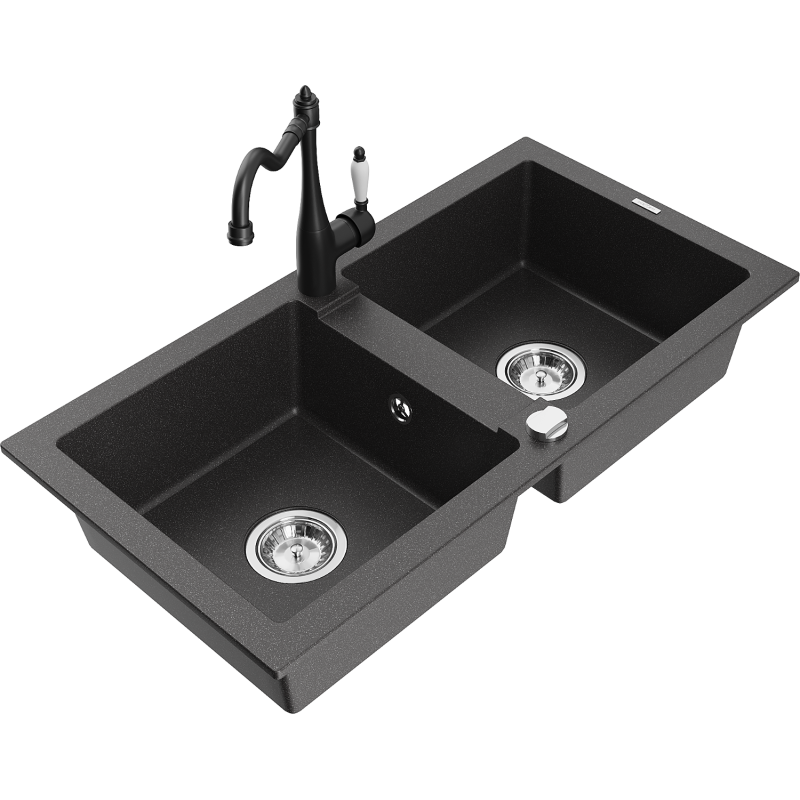 Mexen Mario granite sink 2-bowl with Carla kitchen tap, black speckled - 6504-76-670700-70