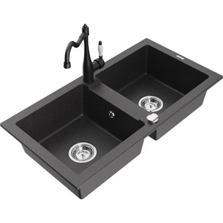 Mexen Mario évier en granit à 2 bacs avec mitigeur de cuisine Carla, noir moucheté - 6504-76-670700-70