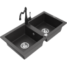 Mexen Mario granite sink 2-bowl with Carla kitchen tap, black speckled - 6504-76-670700-70