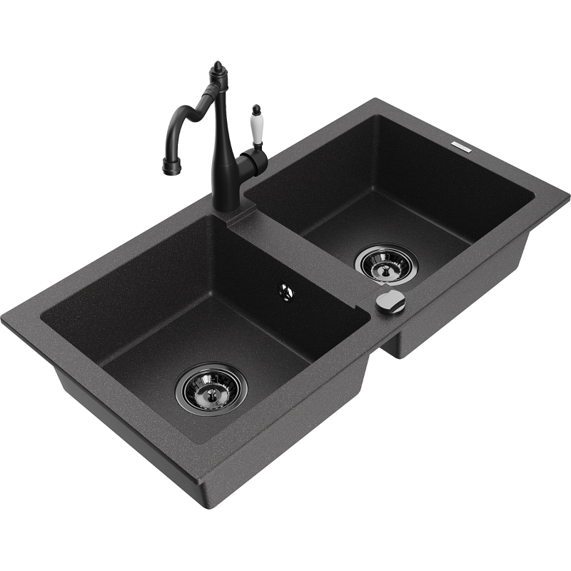 Mexen Mario fregadero de granito de 2 compartimentos con grifo de cocina Carla, negro moteado - 6504-76-670700-70-B