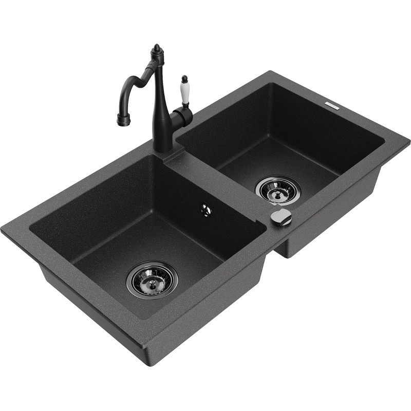 Mexen Mario fregadero de granito de 2 compartimentos con grifo de cocina Carla, negro salpicado - 6504-76-670700-70-B