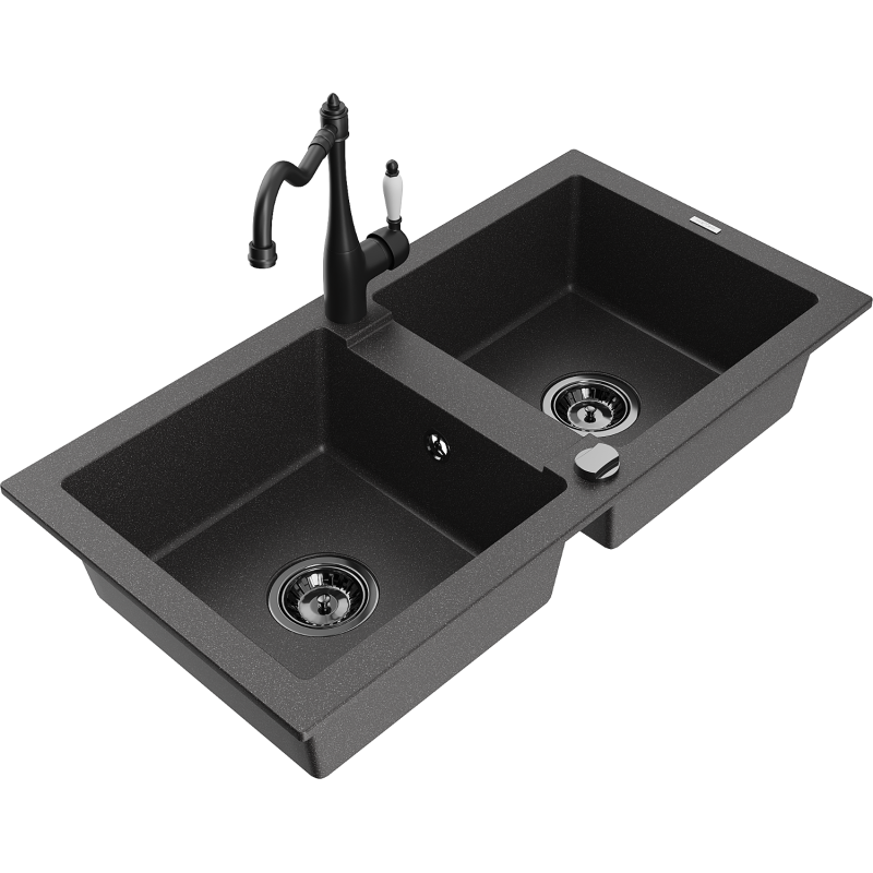 Mexen Mario granite sink 2-bowl with Carla kitchen tap, black speckled - 6504-76-670700-70-B