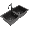 Mexen Mario granite sink 2-bowl with Carla kitchen tap, black speckled - 6504-76-670700-70-B