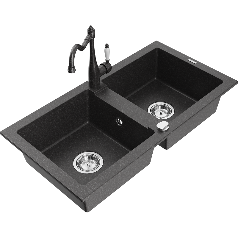 Mexen Mario granīta izlietne ar 2 nodalījumiem un virtuvei krānu Carla, melna ar punktiņiem - 6504-76-670700-76