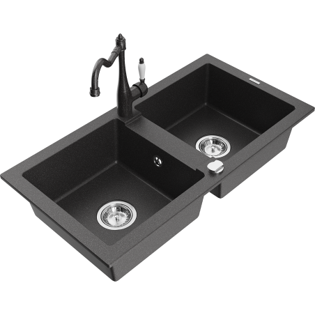 Mexen Mario granīta izlietne ar 2 nodalījumiem un virtuvei krānu Carla, melna ar punktiņiem - 6504-76-670700-76