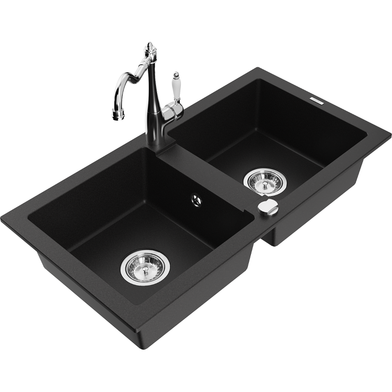 Mexen Mario lava-loiça em granito de 2 cubas com torneira de cozinha Carla, preto - 6504-77-670700-00