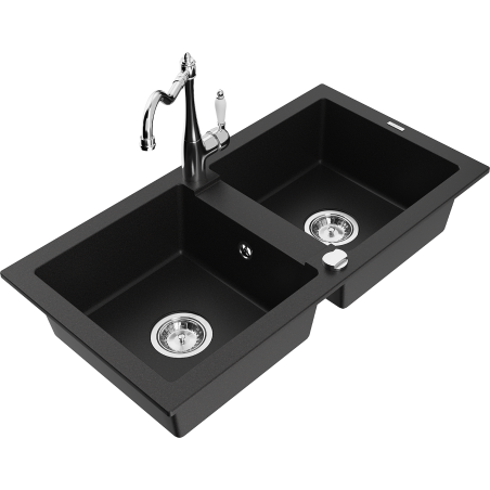 Mexen Mario fregadero de granito de 2 compartimentos con grifo de cocina Carla, negro - 6504-77-670700-00
