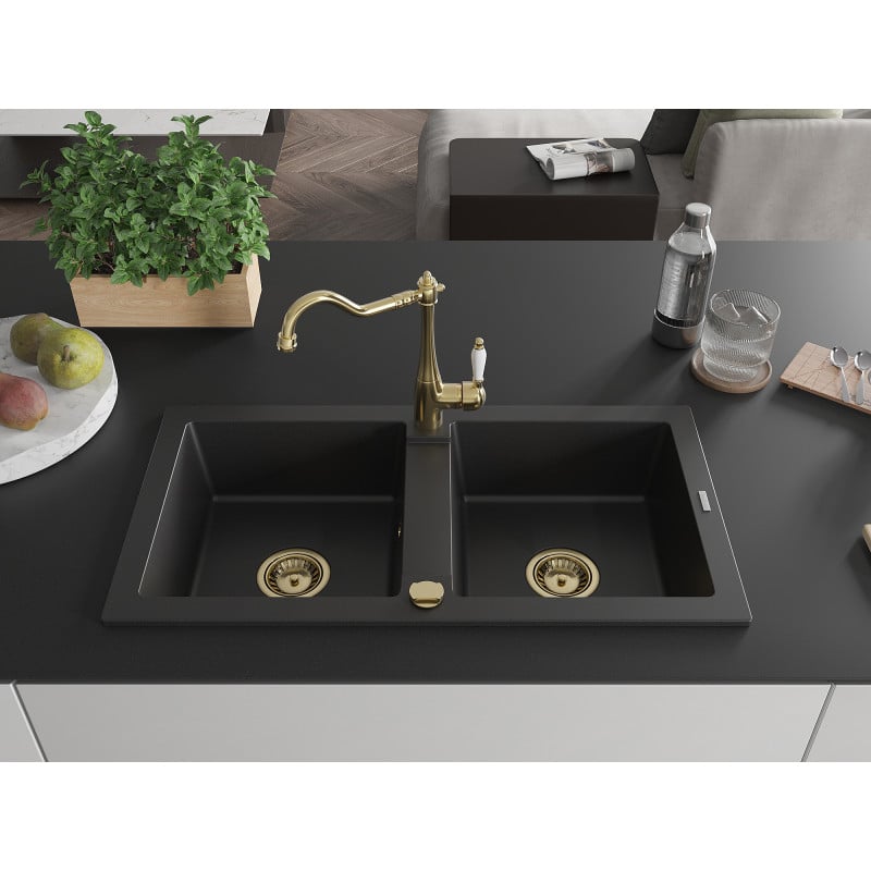 Mexen Mario granite sink 2-chamber with Carla kitchen tap, black - 6504-77-670700-50